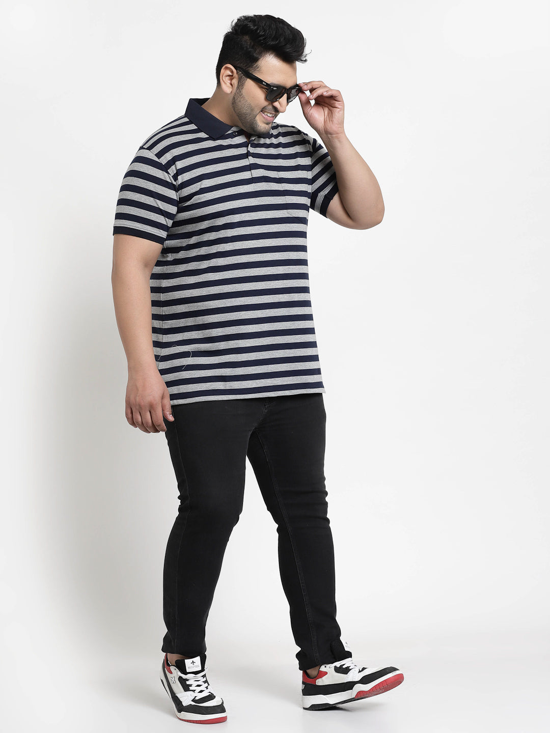 Men Plus Size Navy Blue & Grey Striped Monochrome Cotton T-shirt