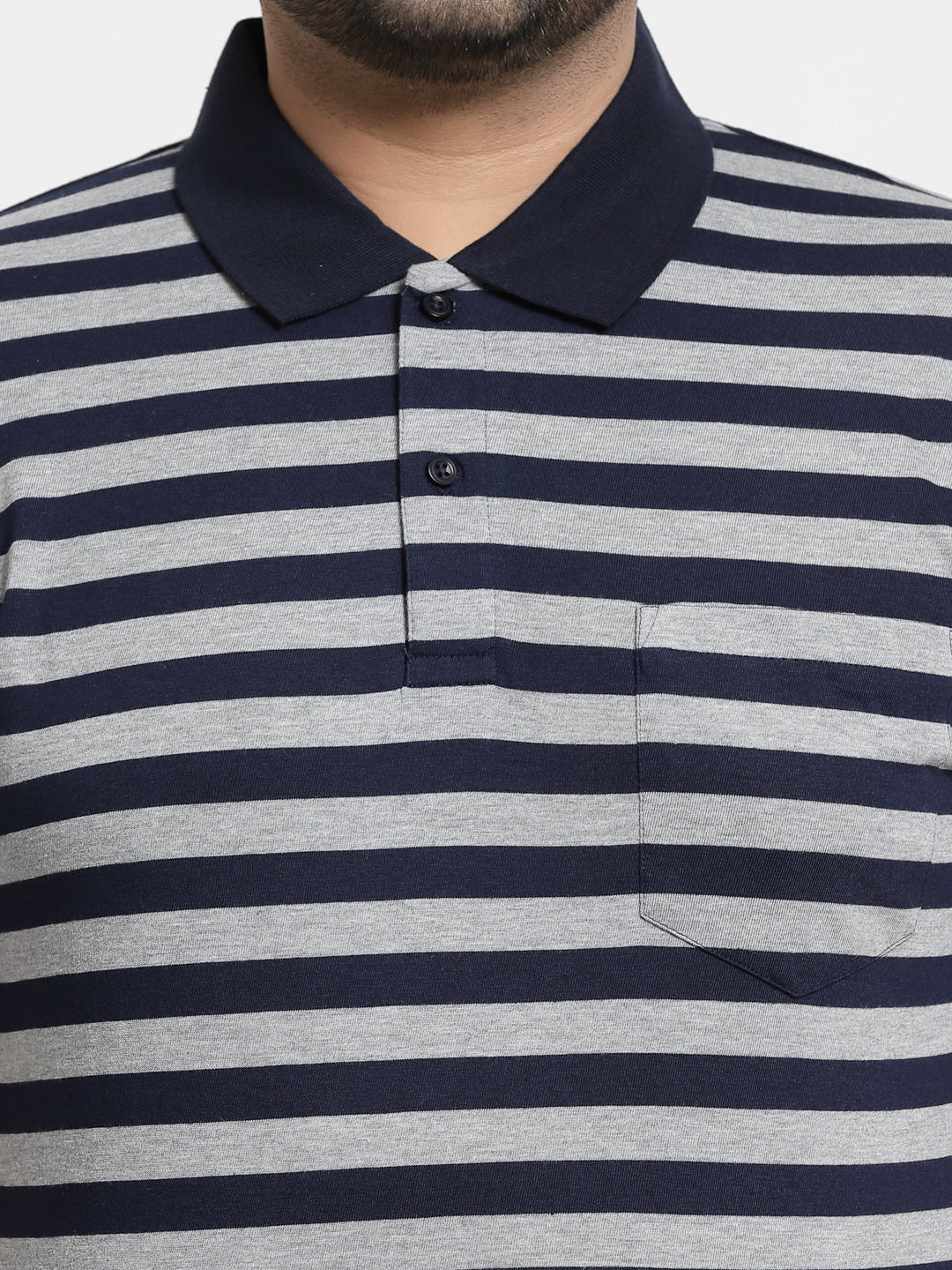 Men Plus Size Navy Blue & Grey Striped Monochrome Cotton T-shirt