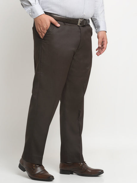 plusS Men Brown Mid-Rise Cotton Formal Trousers
