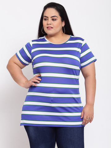 Women Blue Striped Extended Sleeves T-shirt