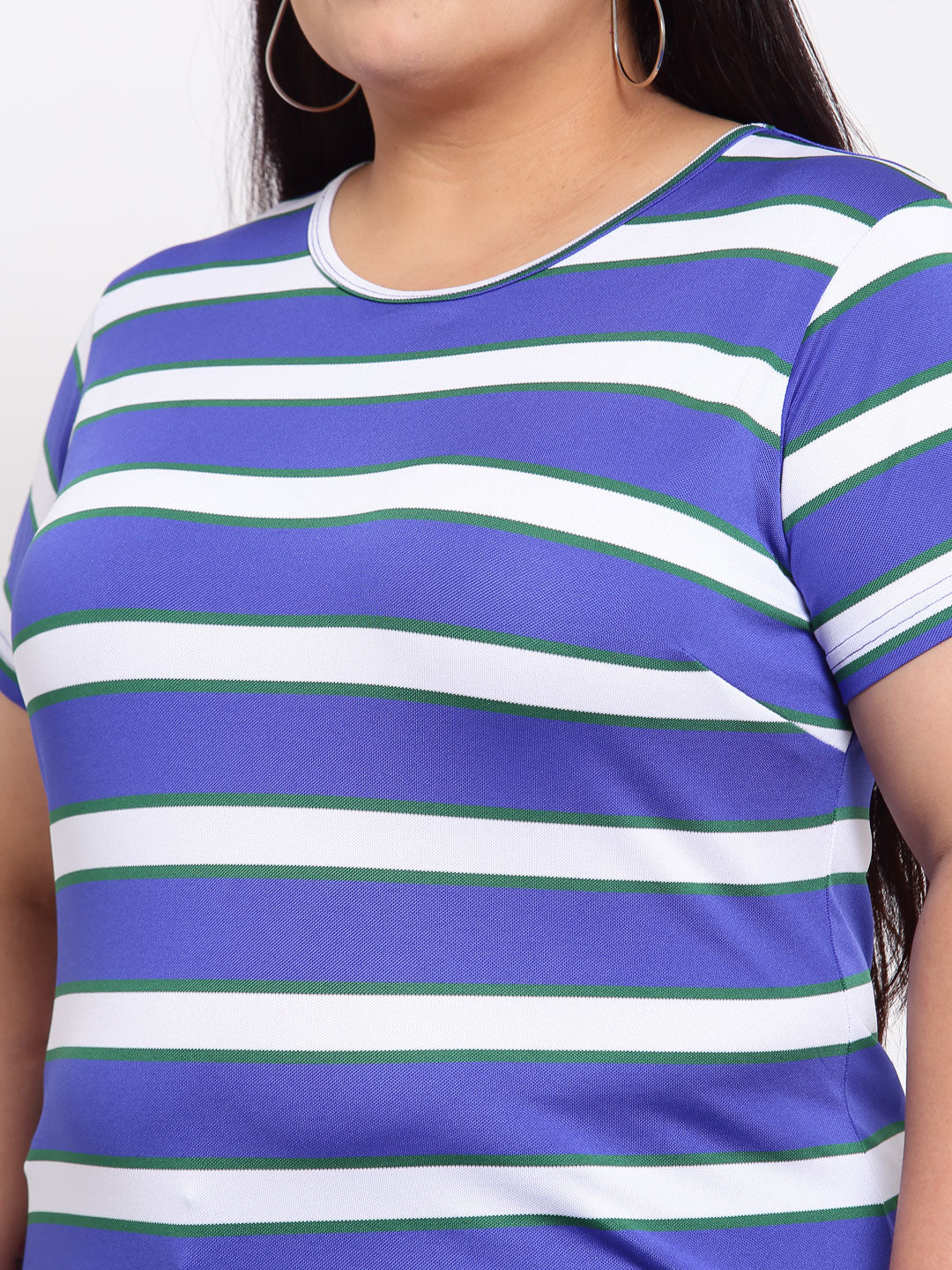 Women Blue Striped Extended Sleeves T-shirt
