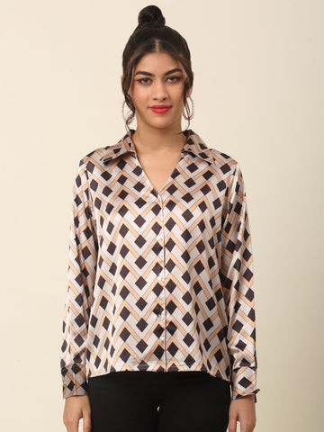 plusS Beige Geometric Printed Casual Shirt