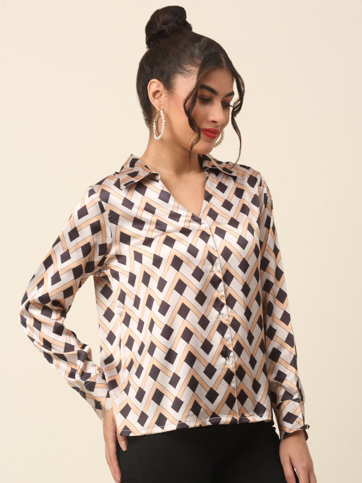 plusS Beige Geometric Printed Casual Shirt