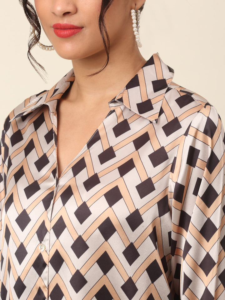 plusS Beige Geometric Printed Casual Shirt