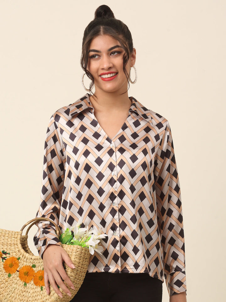 plusS Beige Geometric Printed Casual Shirt