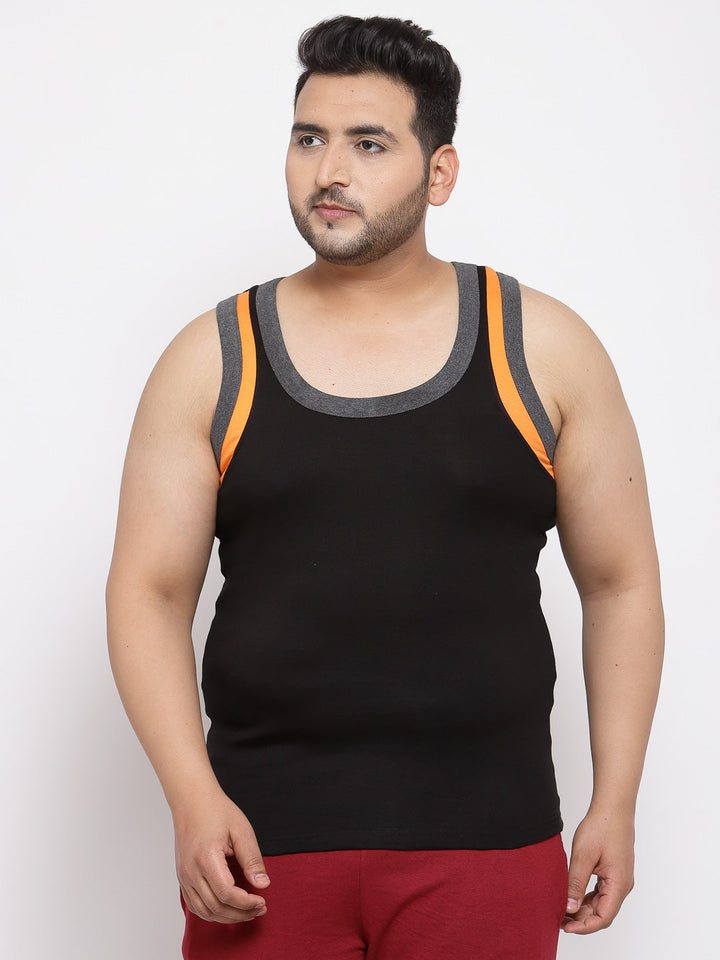 plusS Plus Size Men Black Solid Pure Cotton Basic Vest