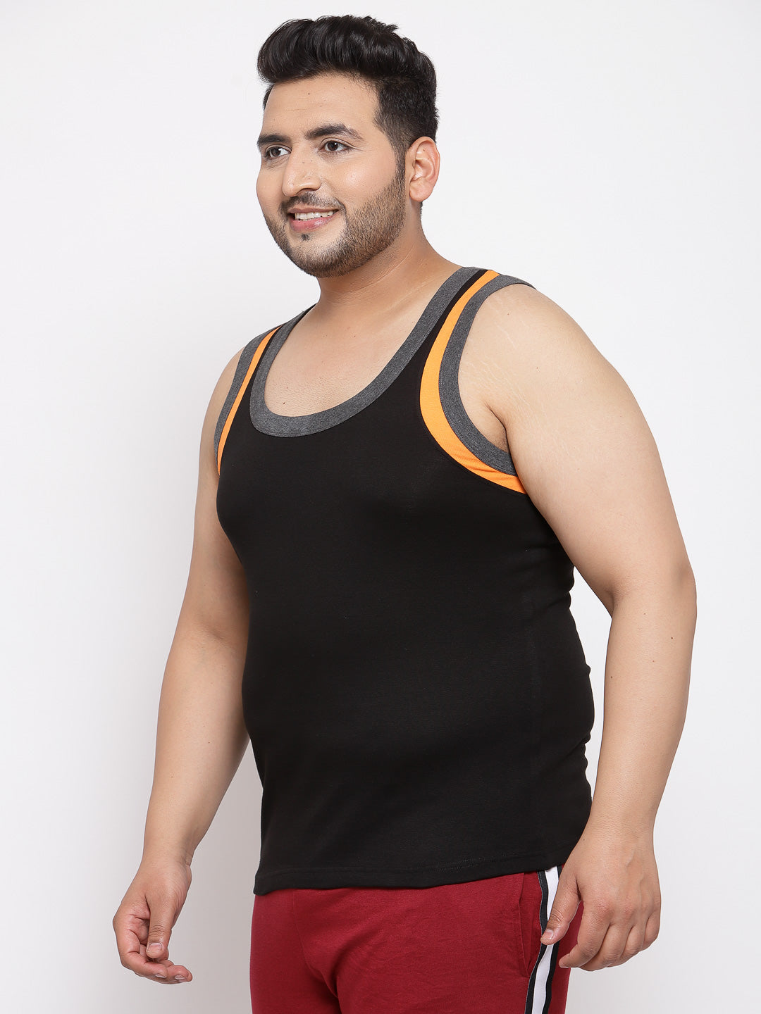 plusS Plus Size Men Black Solid Pure Cotton Basic Vest