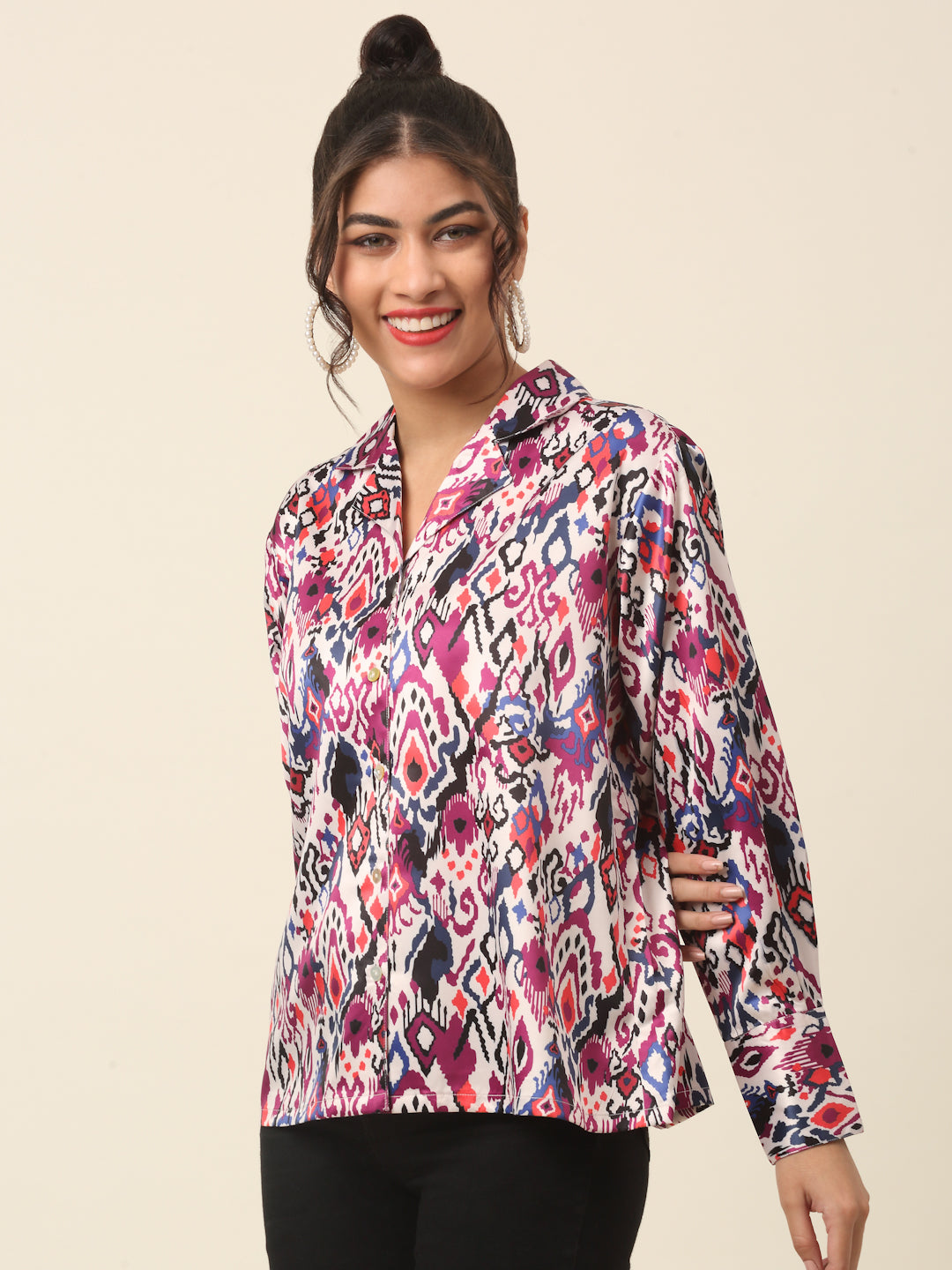 plusS Pink Abstract Printed Cutaway Collar Casual Shirt