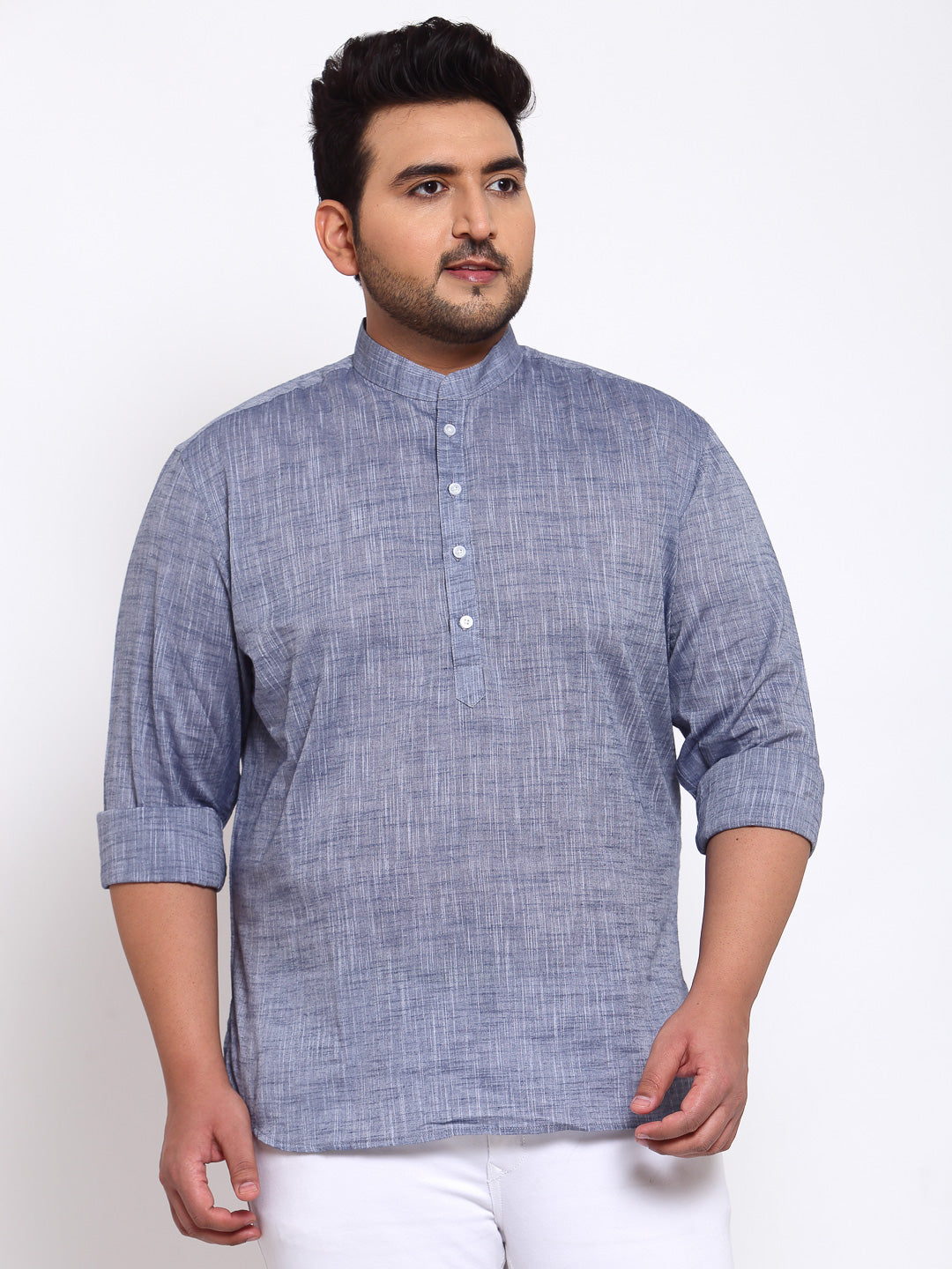 Men Blue Solid Mandarin Collar Cotton Kurta