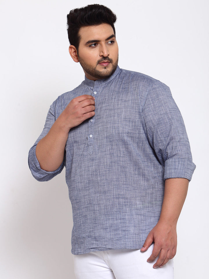 Men Blue Solid Mandarin Collar Cotton Kurta