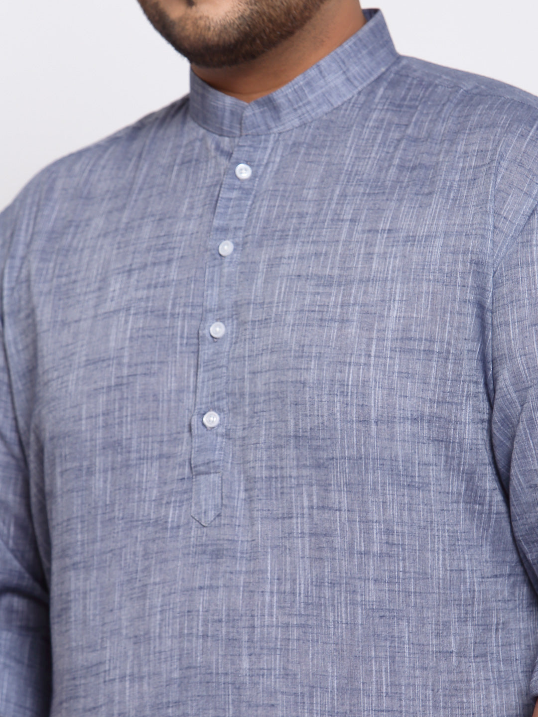 Men Blue Solid Mandarin Collar Cotton Kurta