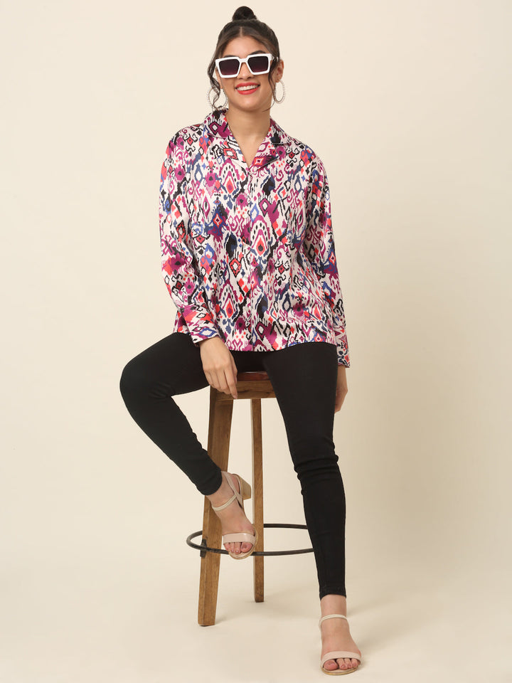 plusS Pink Abstract Printed Cutaway Collar Casual Shirt