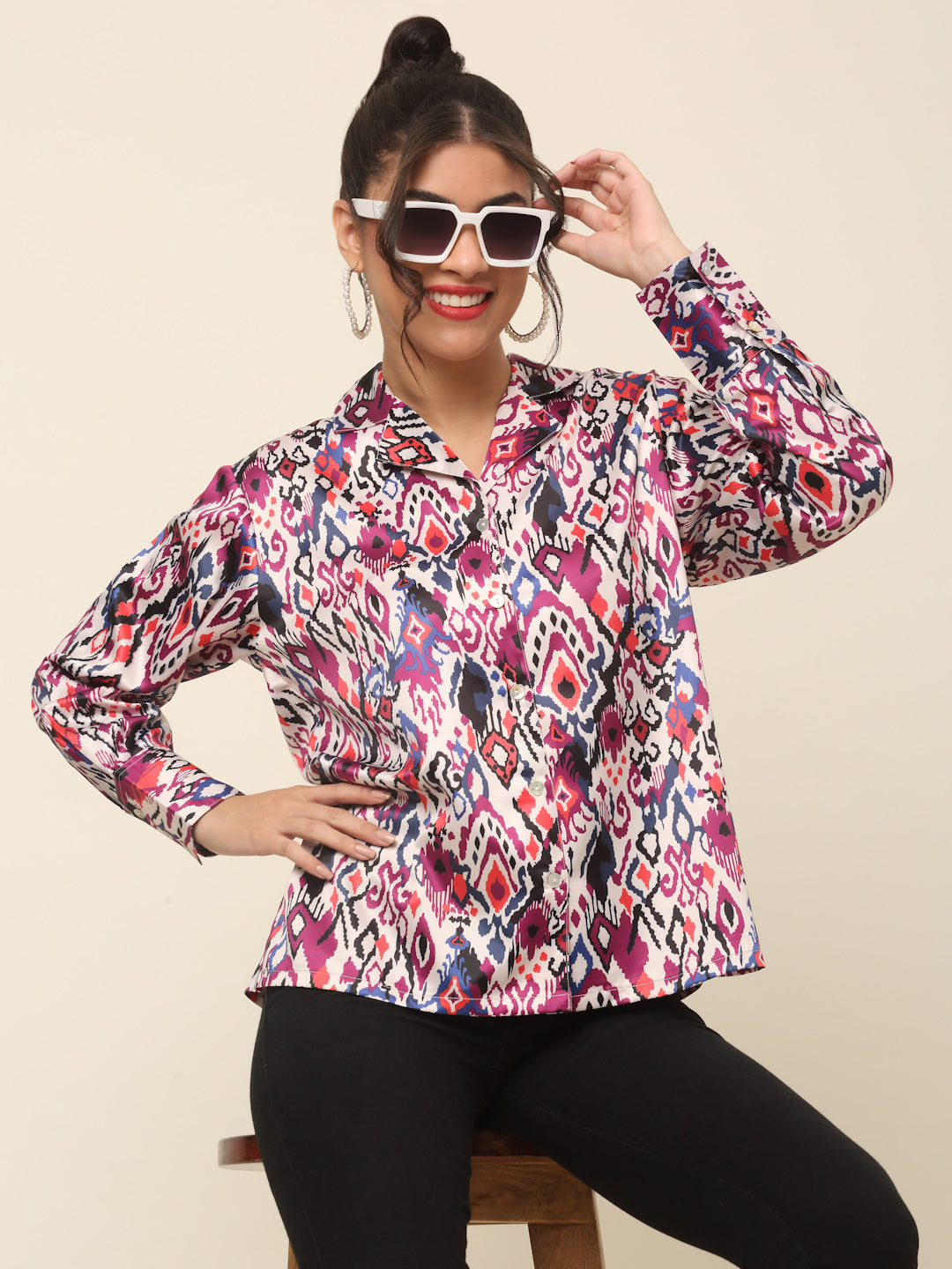 plusS Pink Abstract Printed Cutaway Collar Casual Shirt