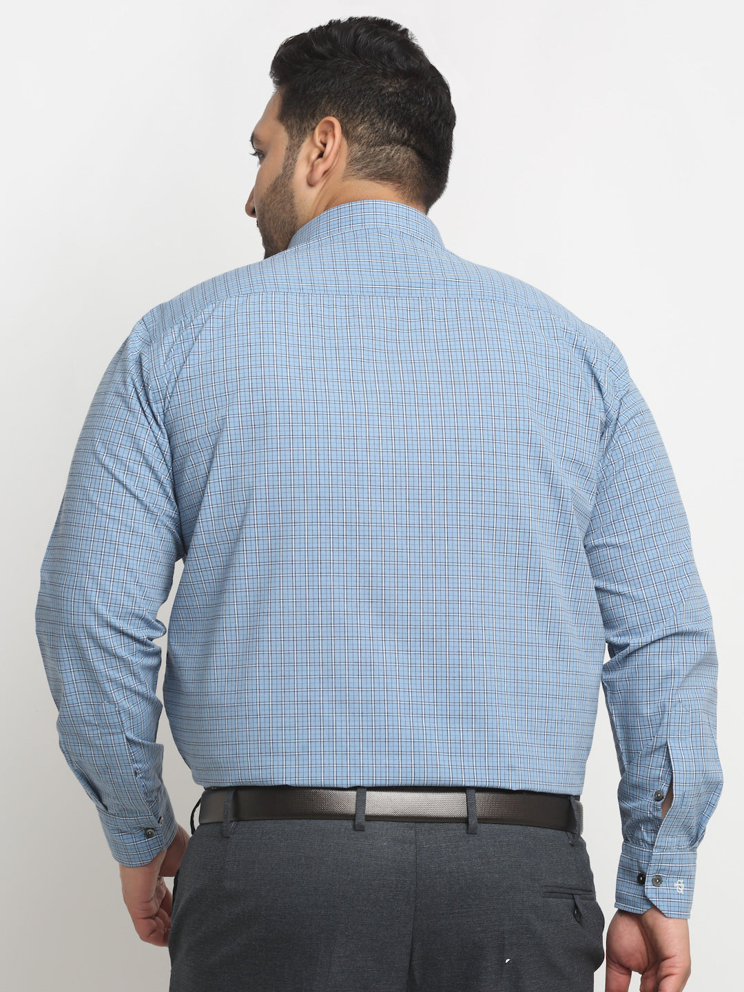 plusS Blue Checked Spread Collar Cotton Formal Shirt