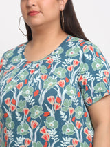 Floral Printed Round Neck Cotton Longline T-shirt