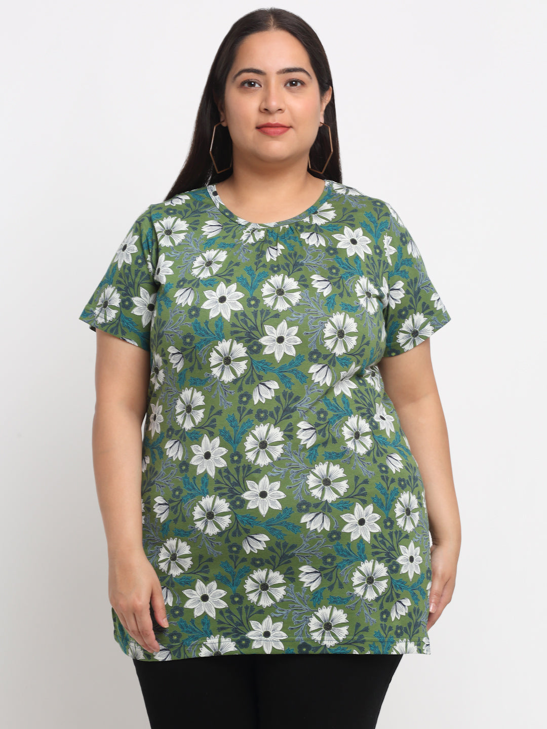 Plus Size Floral Printed Cotton T-shirt