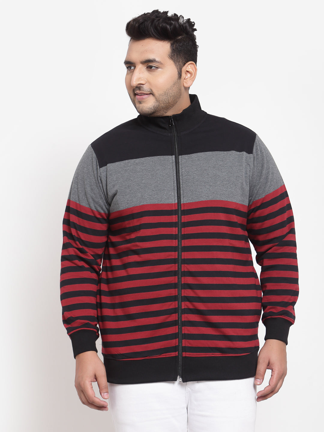 Men Grey & Red Striped Sweatshirt