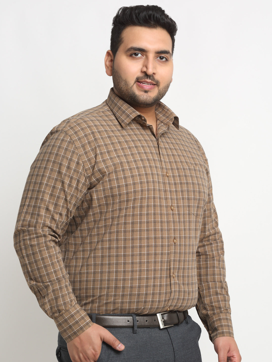 plusS Plus Size Brown Grid Tattersall Checked Opaque Formal Shirt