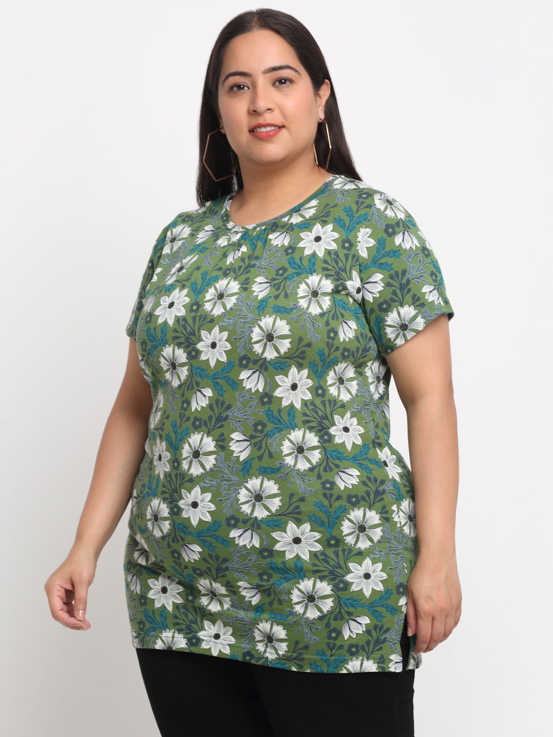 Plus Size Floral Printed Cotton T-shirt