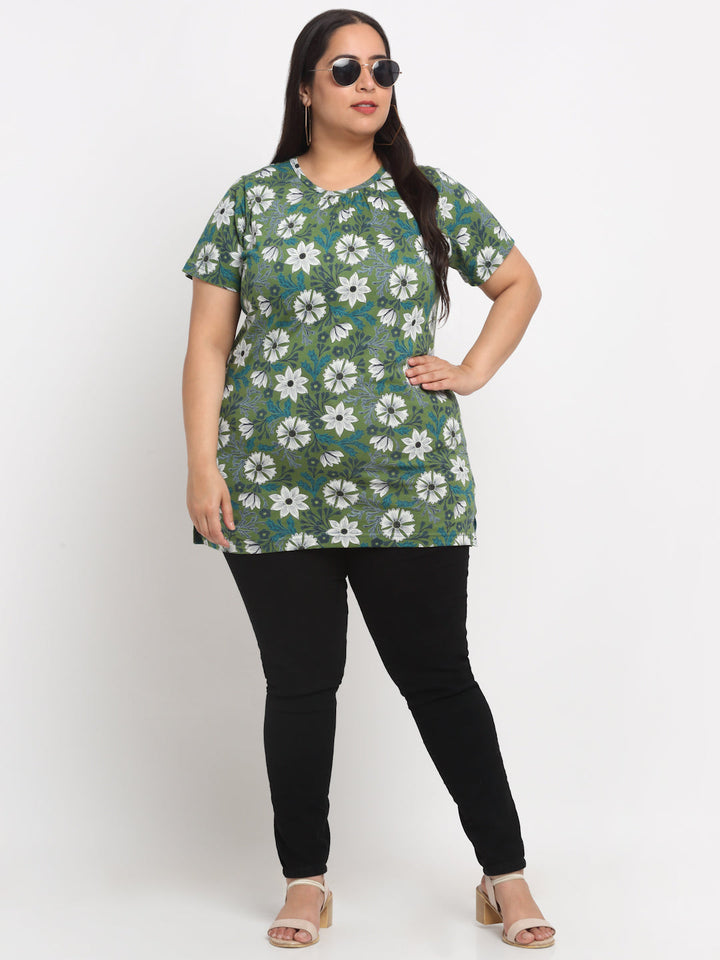 Plus Size Floral Printed Cotton T-shirt