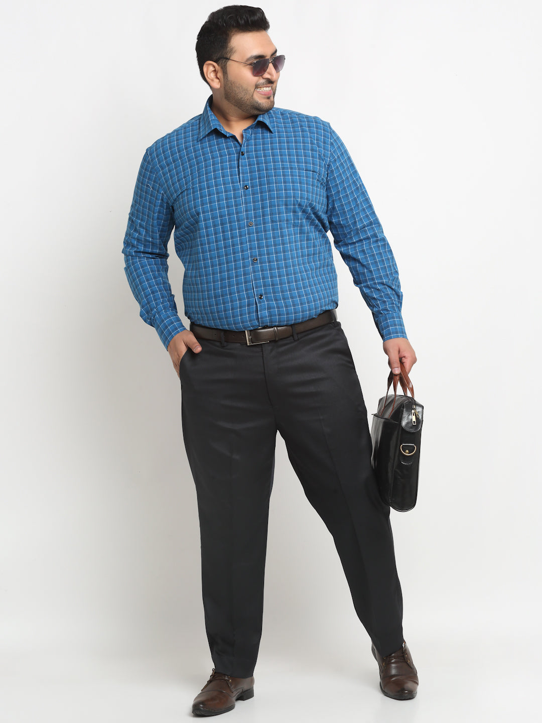 Plus Size  Blue Grid Tattersall Checked Opaque Formal Shirt