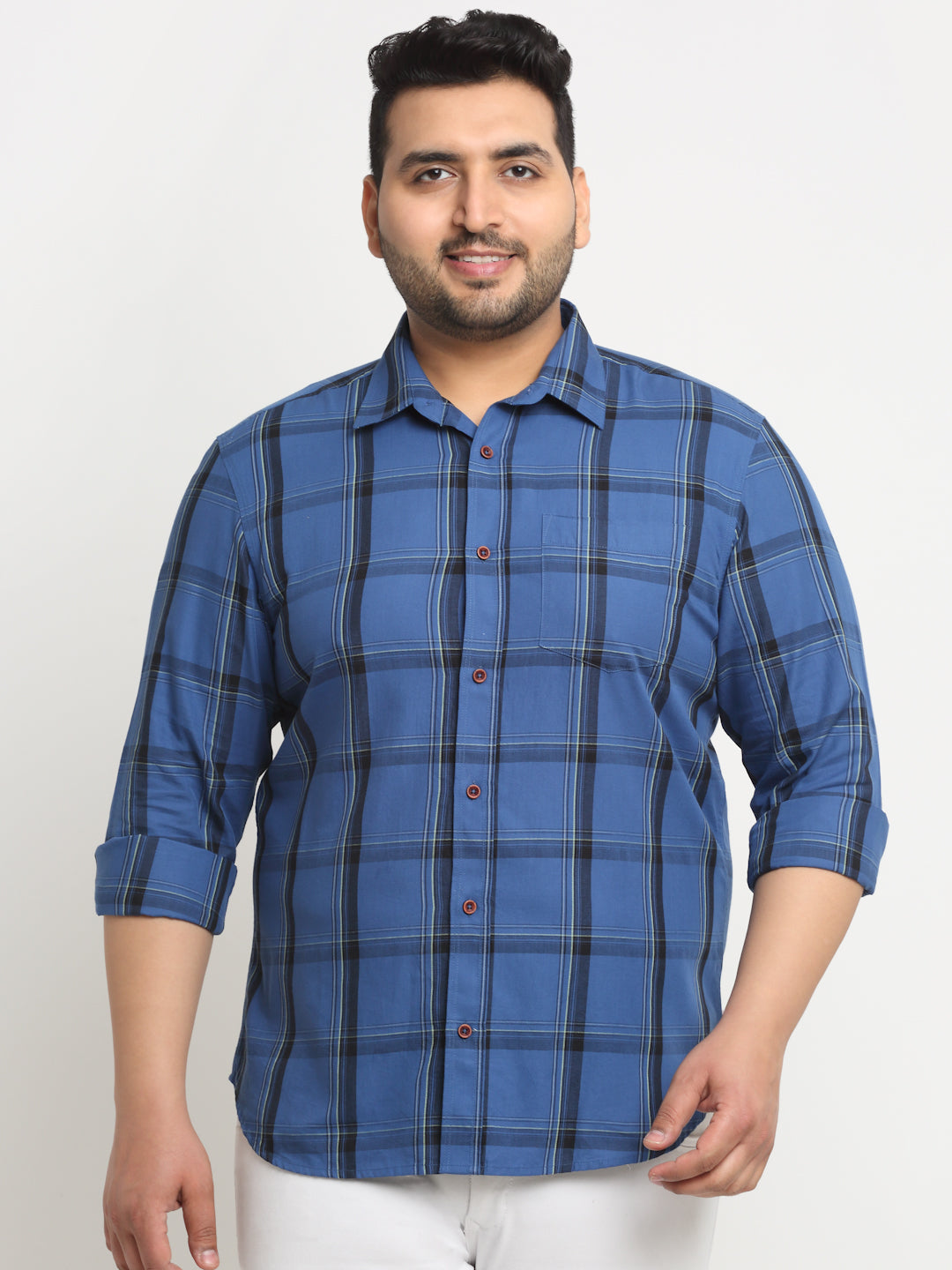Plus Size Windowpane Checks Cotton Casual Shirt