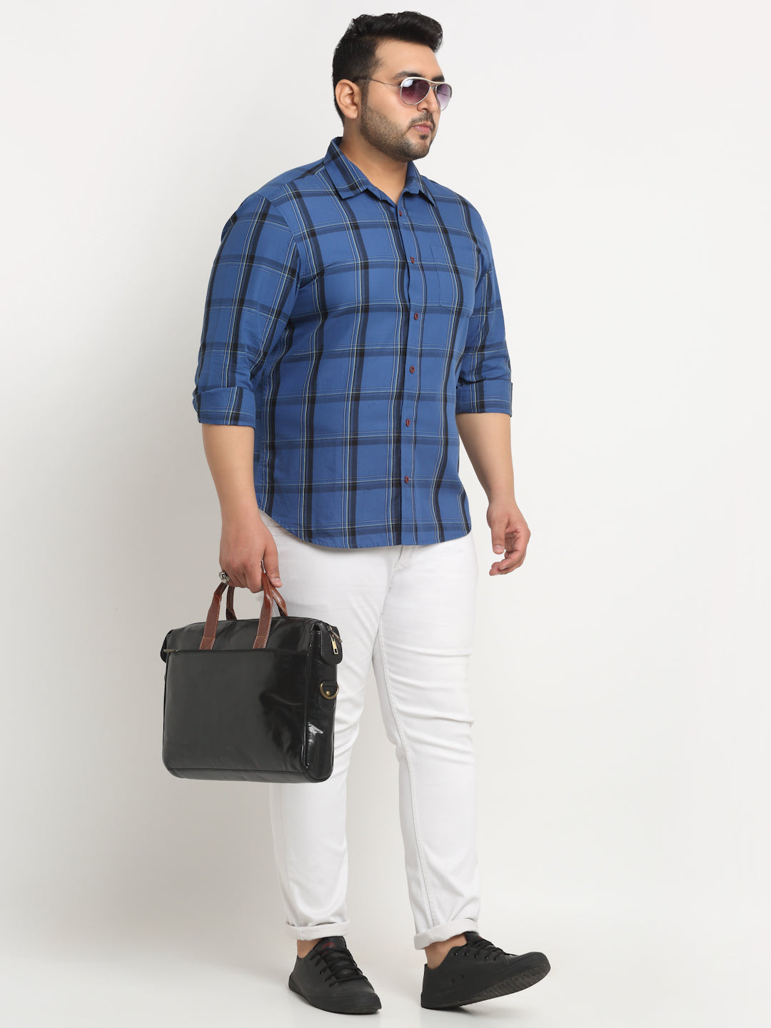 plusS Plus Size Windowpane Checks Cotton Casual Shirt