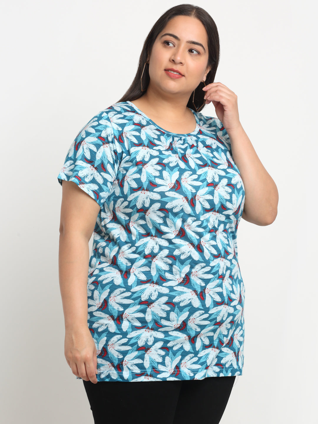 Plus Size Floral Printed Cotton T-shirt