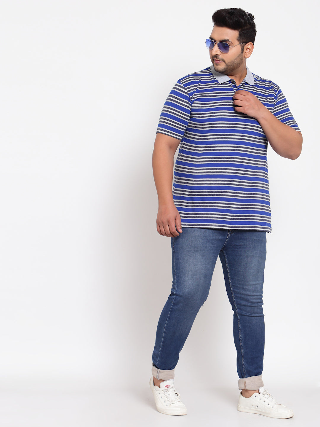Men Plus Size Blue & Grey Striped Polo Collar Cotton T-shirt