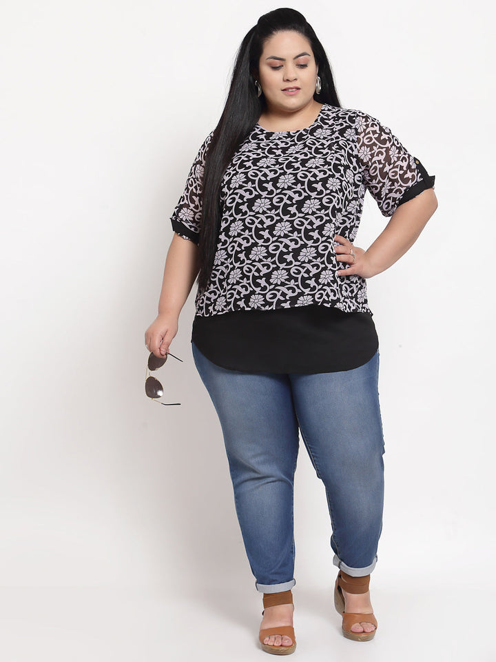 plusS Black  White Floral Print Top