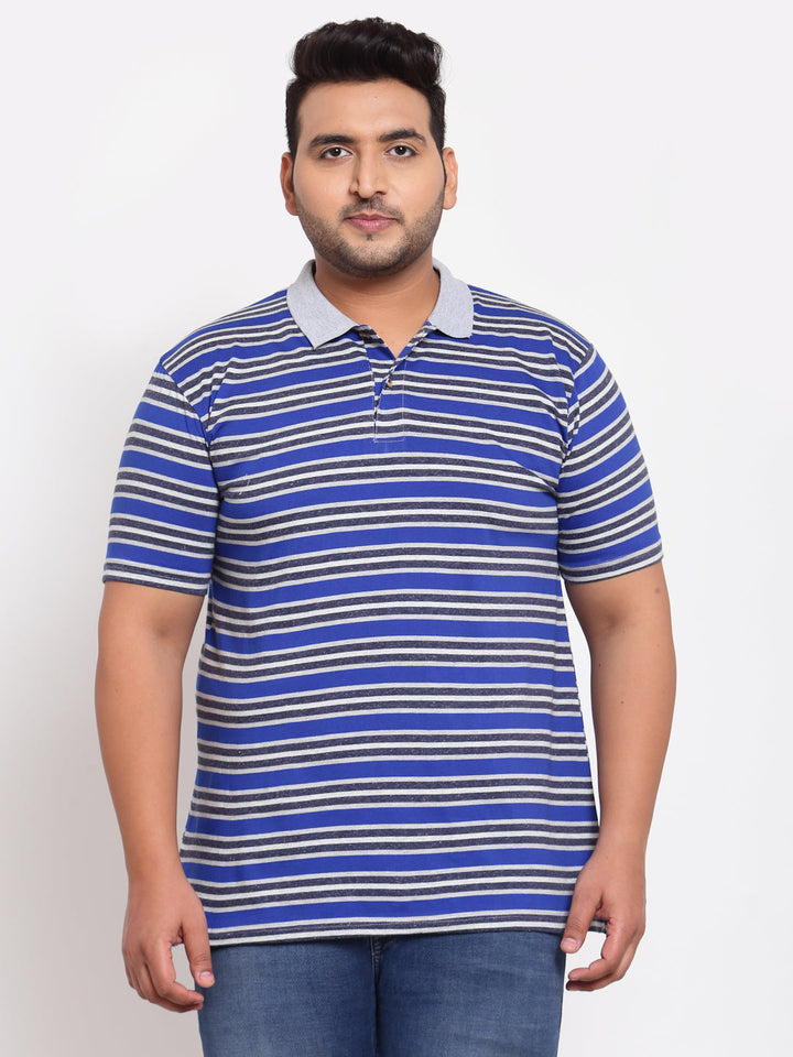 Men Plus Size Blue & Grey Striped Polo Collar Cotton T-shirt