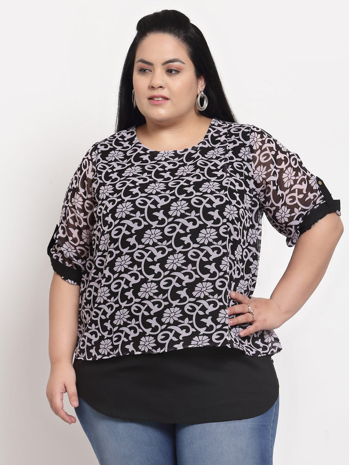 plusS Black  White Floral Print Top