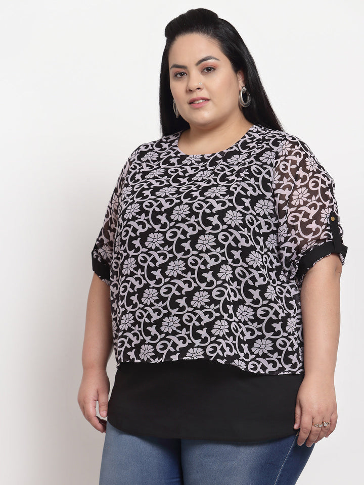 plusS Black  White Floral Print Top