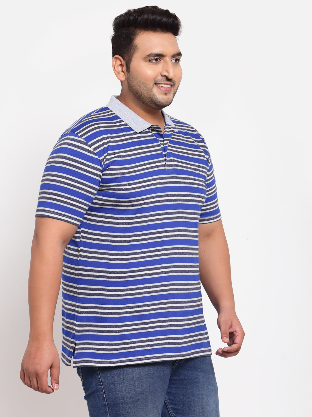 Men Plus Size Blue & Grey Striped Polo Collar Cotton T-shirt