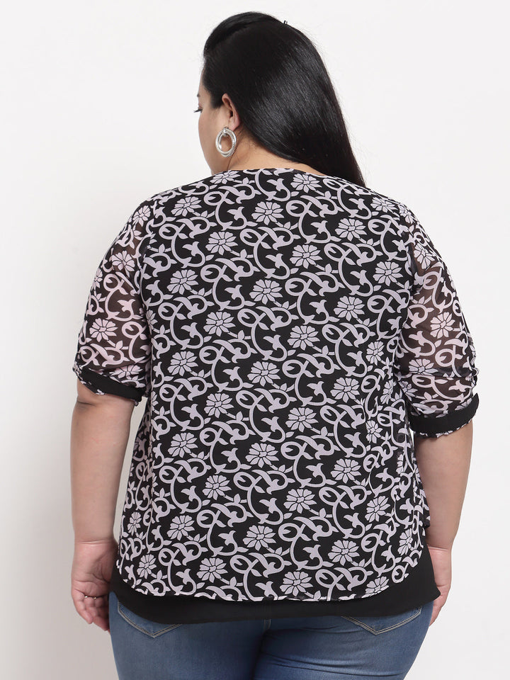 plusS Black  White Floral Print Top