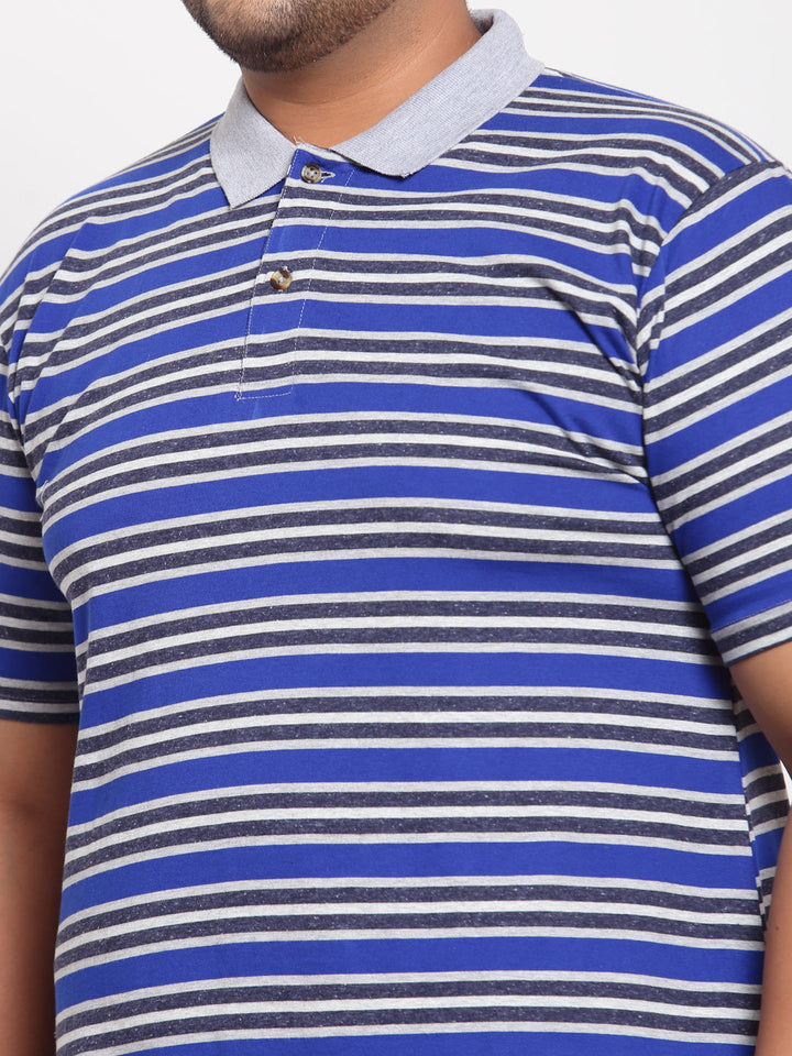 Men Plus Size Blue & Grey Striped Polo Collar Cotton T-shirt