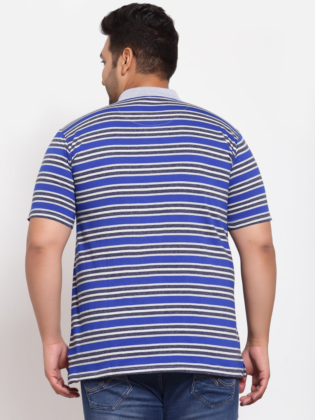 Men Plus Size Blue & Grey Striped Polo Collar Cotton T-shirt