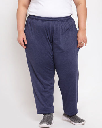 Women Navy Blue Solid Straight-Fit Cotton Track Pants