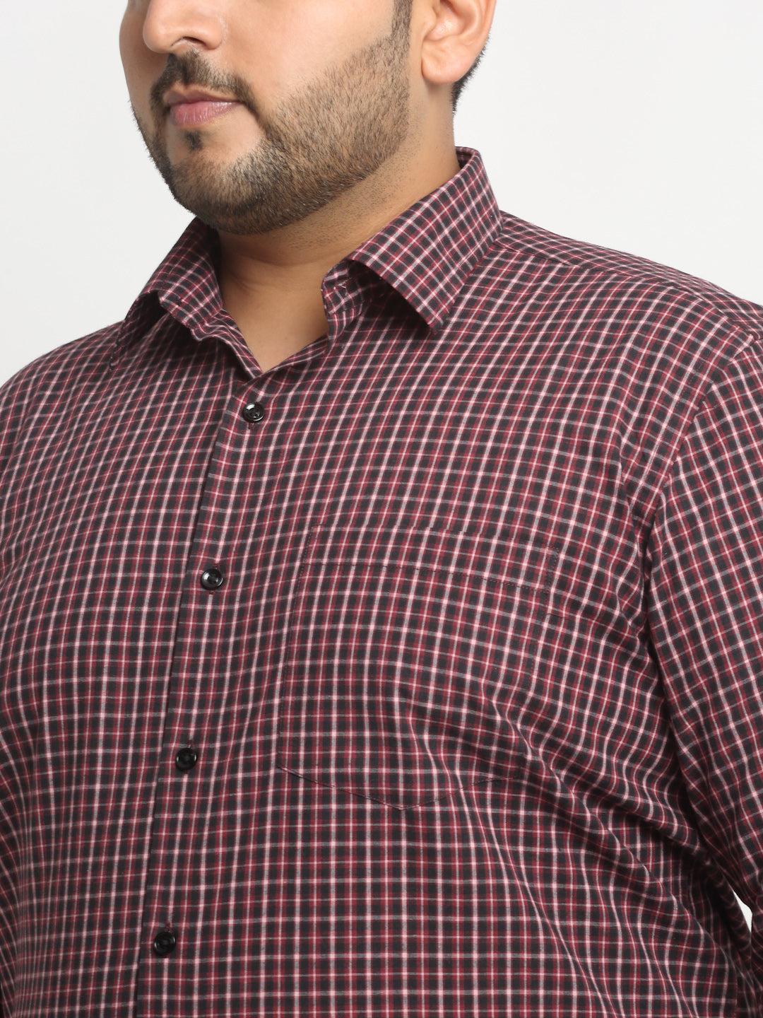 Plus Size Maroon Grid Tattersall Checked Opaque Formal Shirt