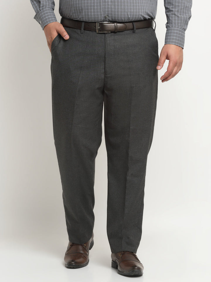 Men Charcoal Mid-Rise Cotton Formal Trousers