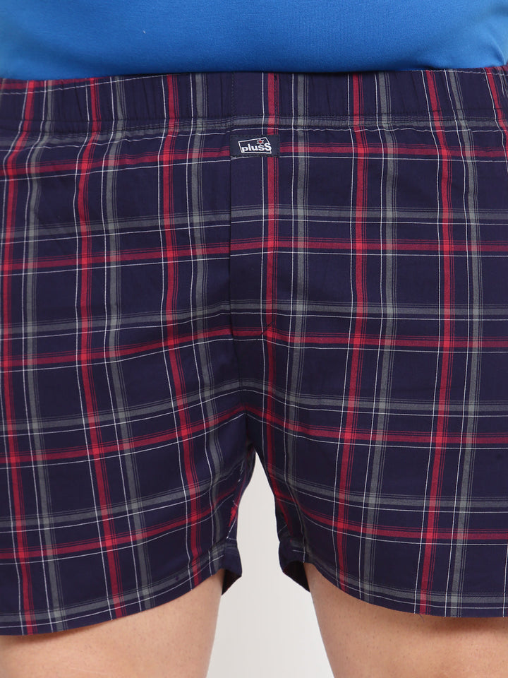 plusS Men Navy Blue  Red Checked Pure Cotton Boxer MBX208E