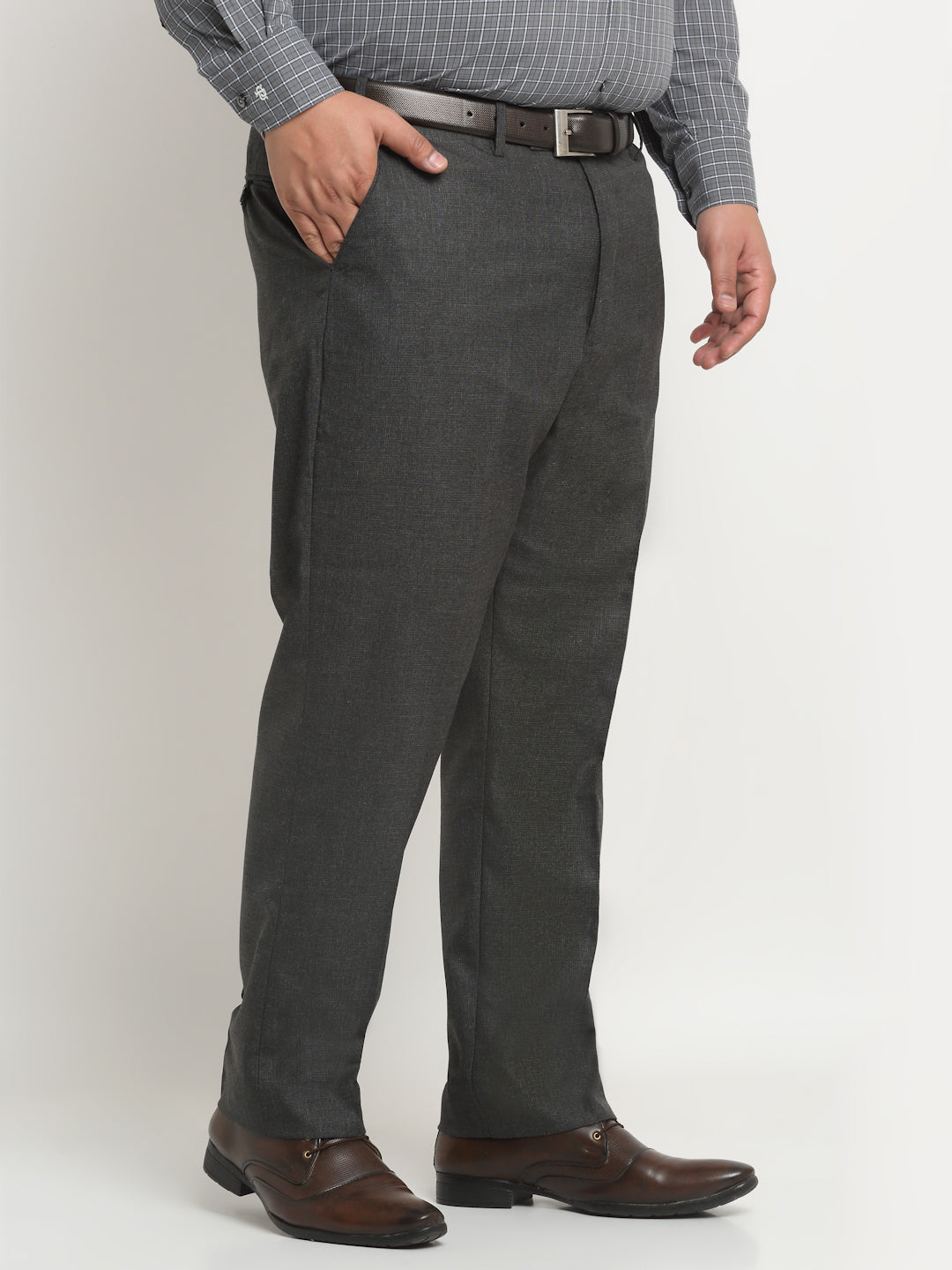 Men Charcoal Mid-Rise Cotton Formal Trousers