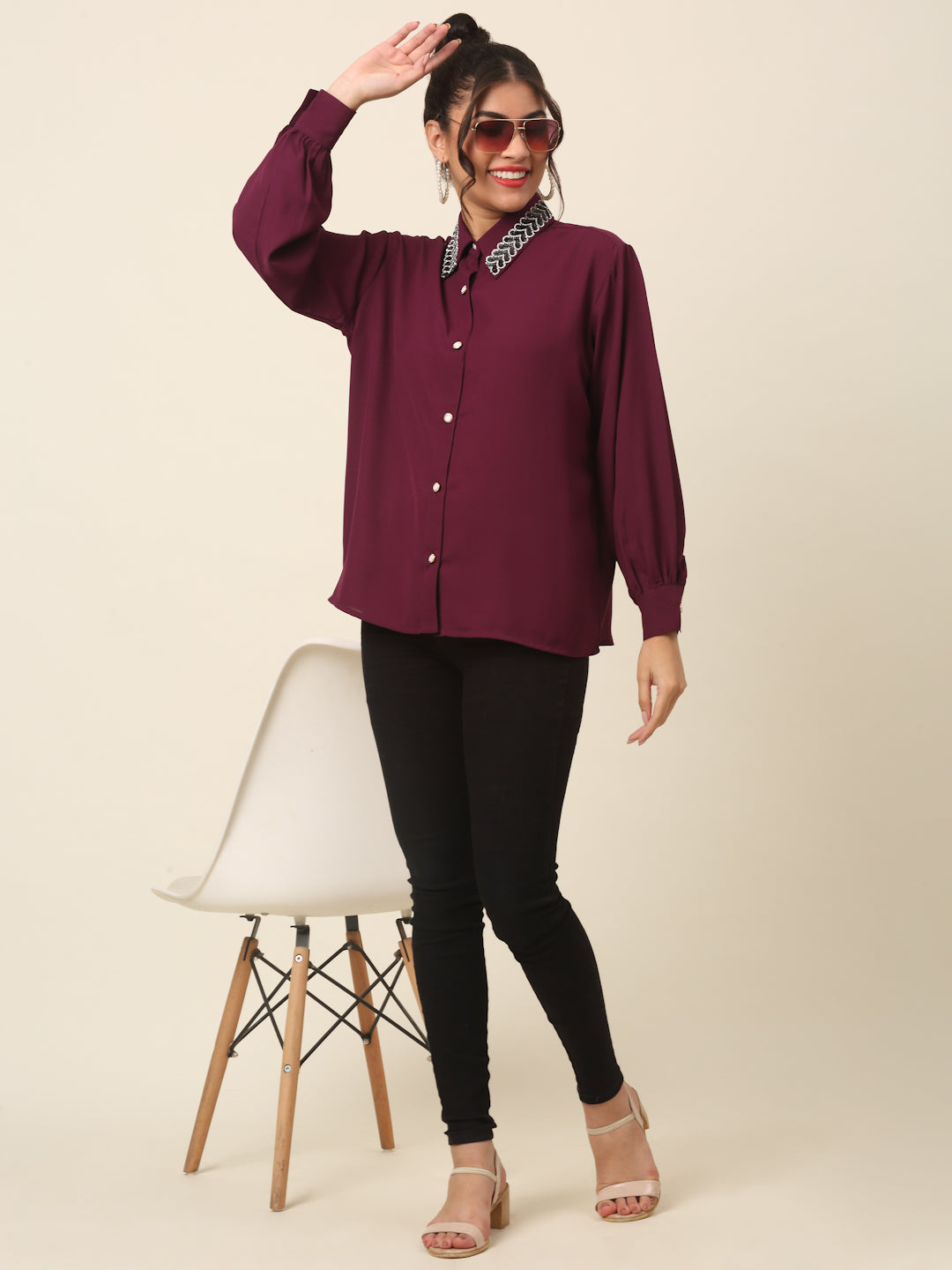 plusS Maroon Spread Collar Casual Shirt