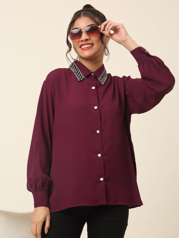 plusS Maroon Spread Collar Casual Shirt