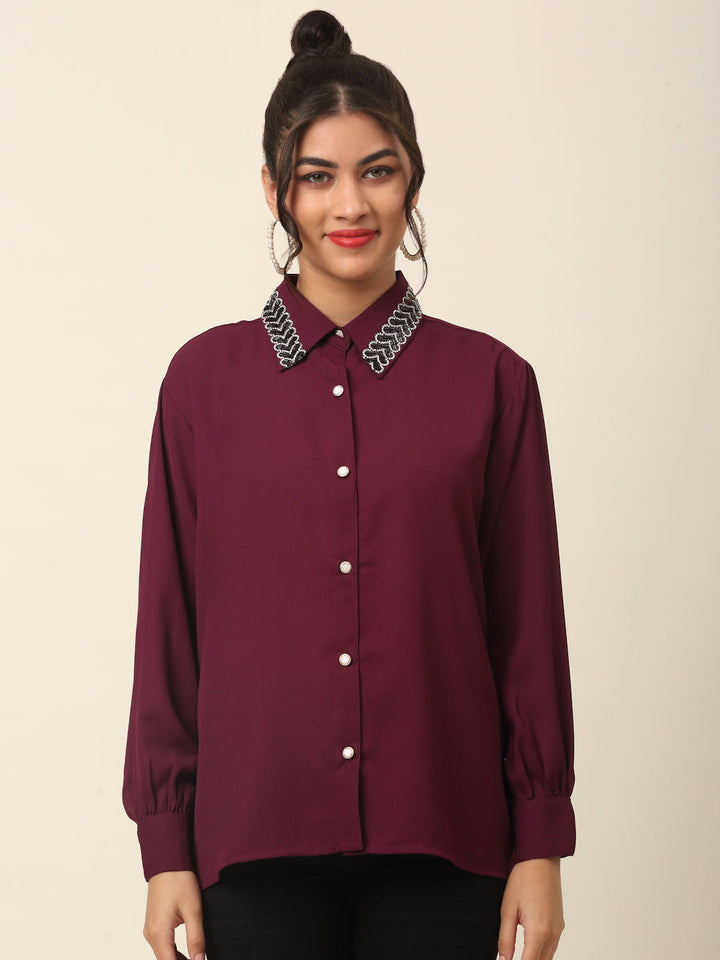 plusS Maroon Spread Collar Casual Shirt