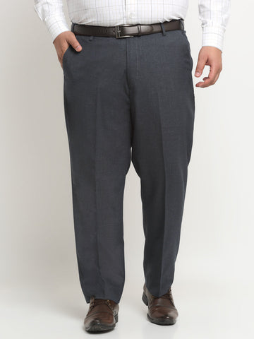 Men Charcoal Mid-Rise Cotton Formal Trousers