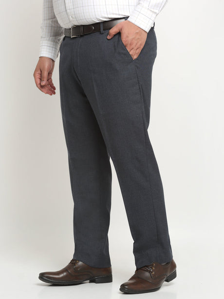 Men Charcoal Mid-Rise Cotton Formal Trousers