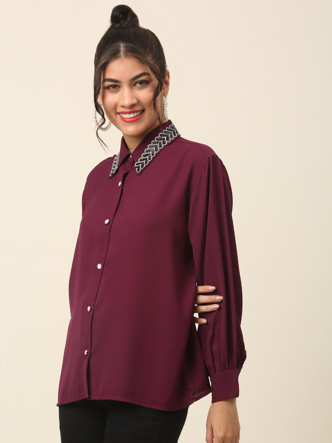 plusS Maroon Spread Collar Casual Shirt