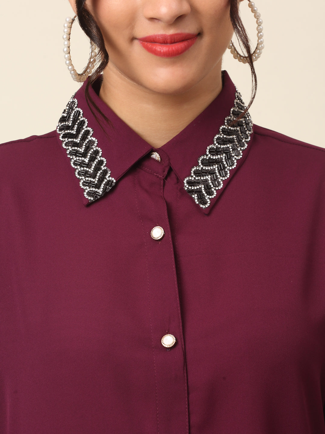 plusS Maroon Spread Collar Casual Shirt