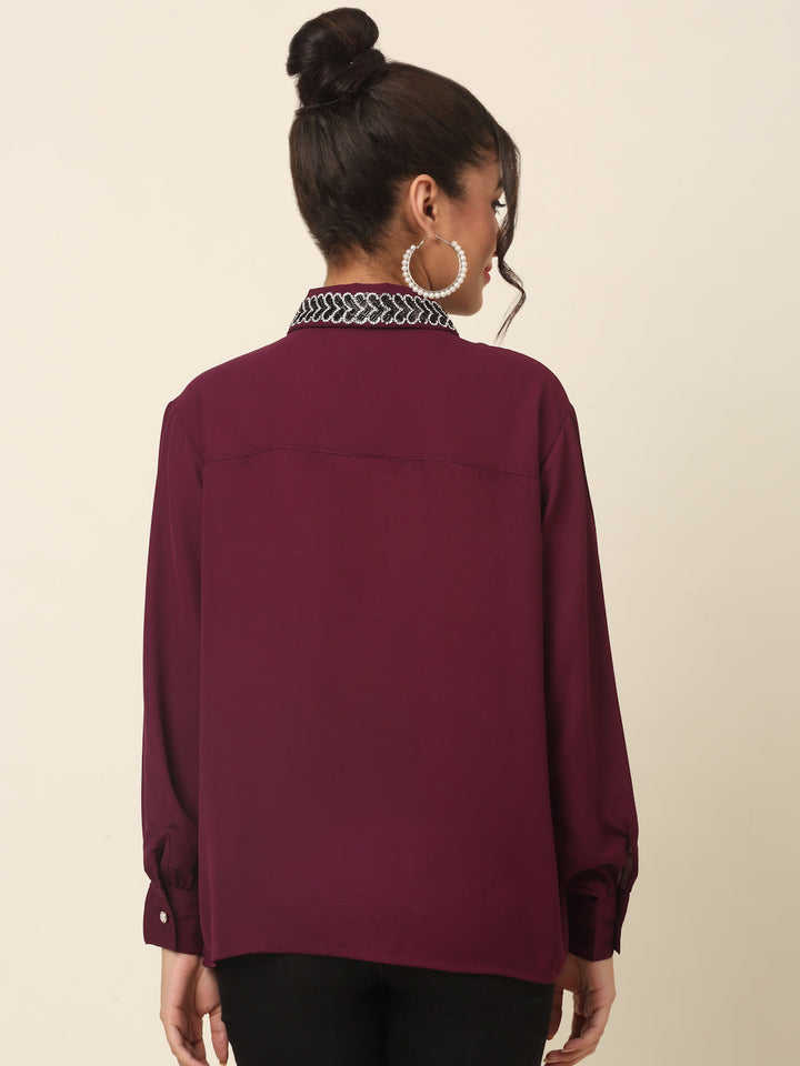 plusS Maroon Spread Collar Casual Shirt